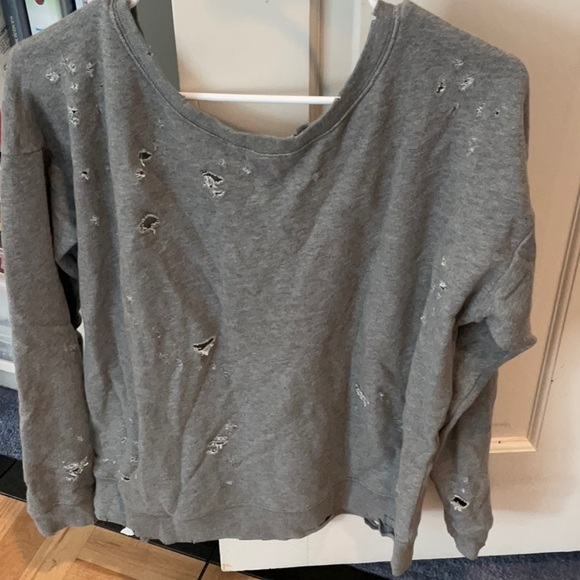 Express gray crewneck vintage sweatshirt with rips and slashes, small. - Picture 2 of 6